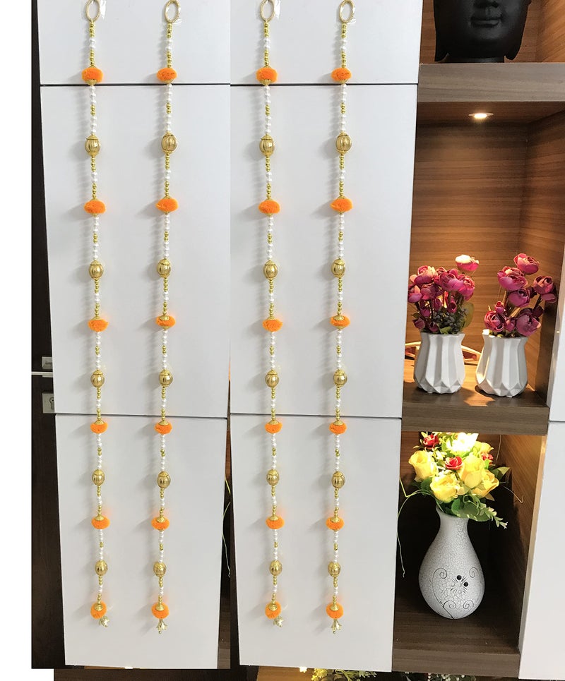 Aahum Handmade Wall Door 6 FT.4 Strings Orange Pom Pom with White Pearl Golden Beads Hanging Torans Garland Bandhwar Decoration Item for Home Décor Diwali Festival, Navratri, Wedding (6 FT 4 Strings) - Image 1