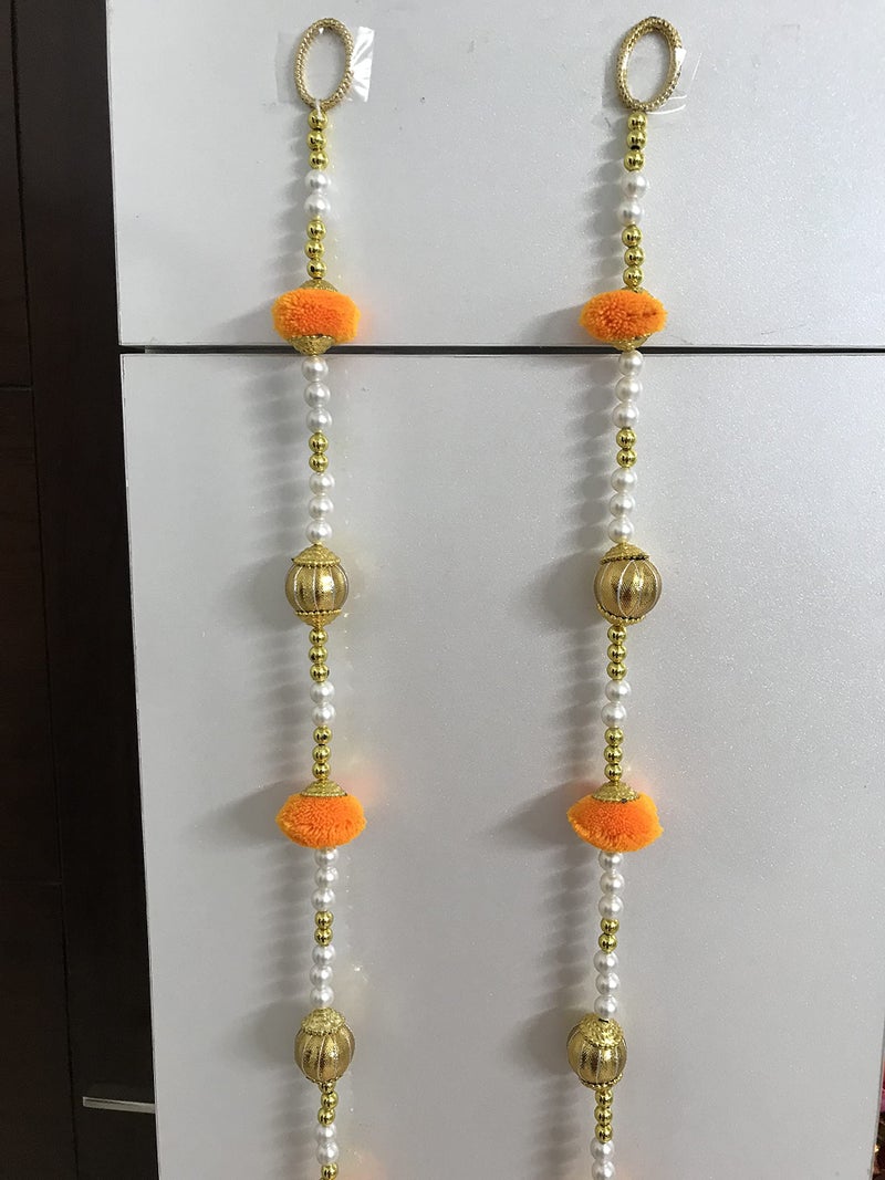 Aahum Handmade Wall Door 6 FT.4 Strings Orange Pom Pom with White Pearl Golden Beads Hanging Torans Garland Bandhwar Decoration Item for Home Décor Diwali Festival, Navratri, Wedding (6 FT 4 Strings) - Image 3