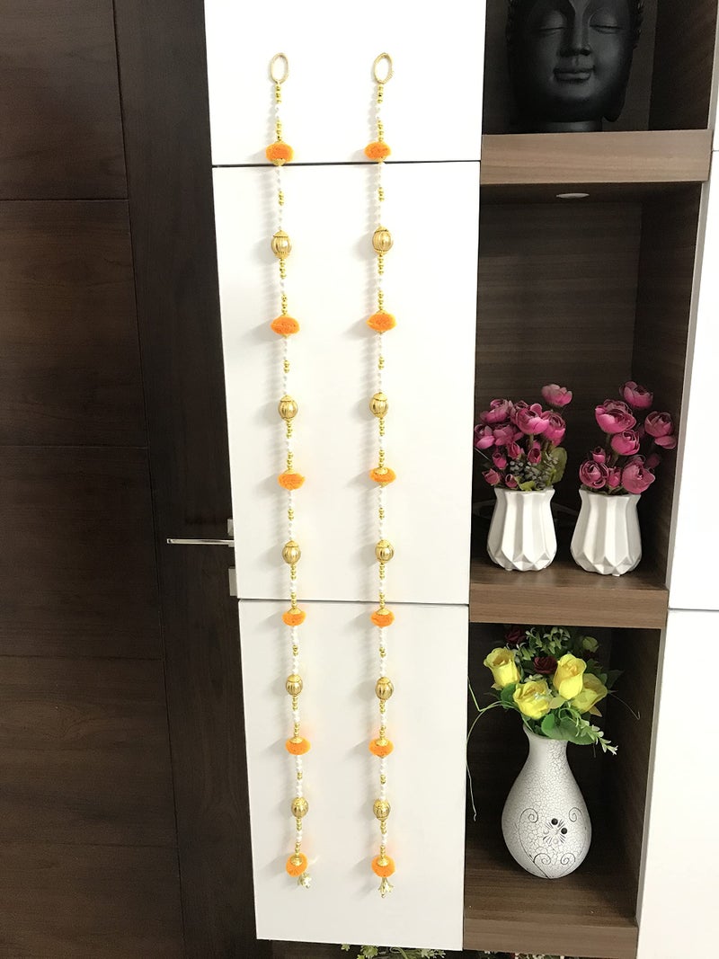 Aahum Handmade Wall Door 6 FT.4 Strings Orange Pom Pom with White Pearl Golden Beads Hanging Torans Garland Bandhwar Decoration Item for Home Décor Diwali Festival, Navratri, Wedding (6 FT 4 Strings) - Image 4