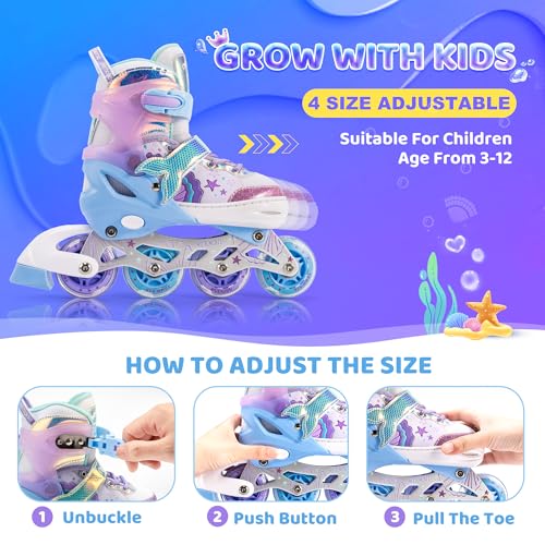 NEMONE Mermaid Inline Skates, 4 Sizes Adjustable Skates for Girls Kids with Light up Wheels, Indoor Beginner Outdoor for Kids Ages 4-6 5-8 6-12 8-12 - Image 2