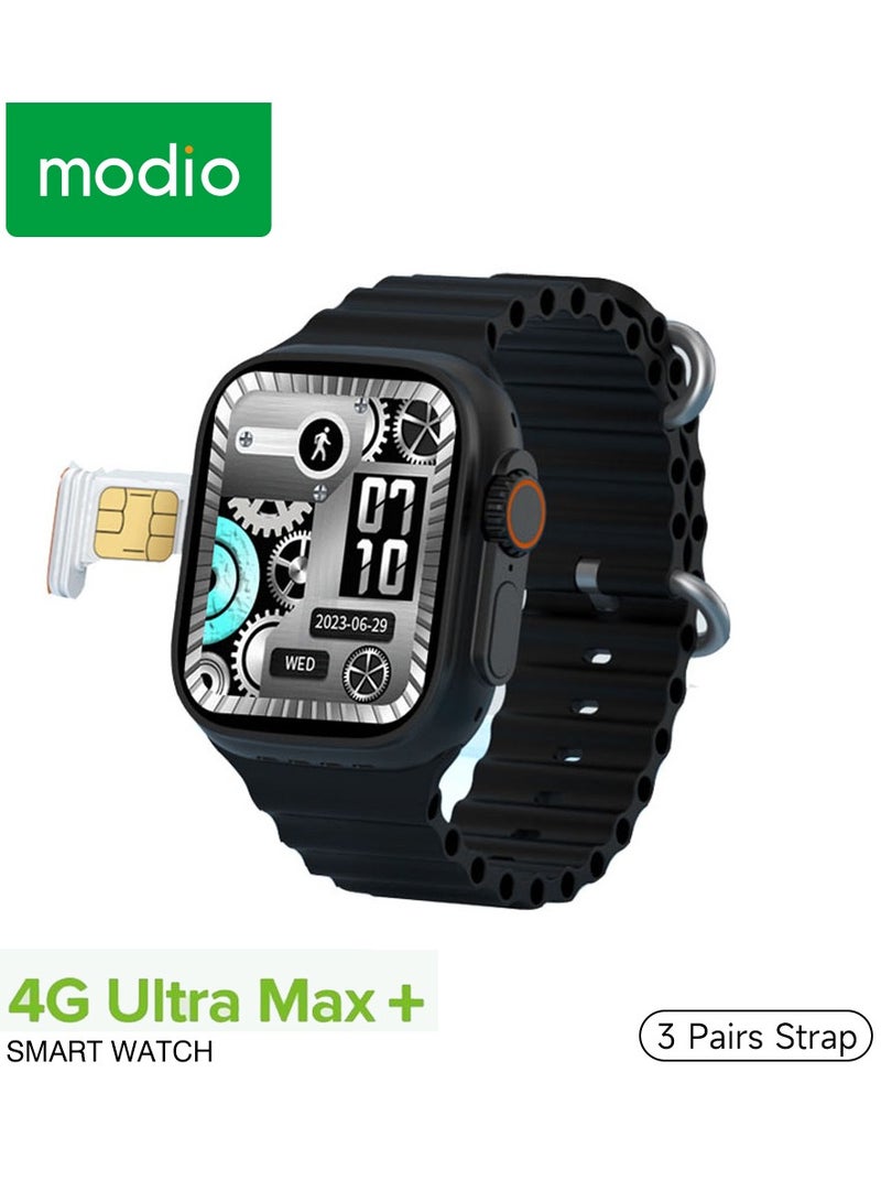 Modio 4G Ultra Max Plus Smart Watch With 2.2 Inch HD Screen Sim Card Slot and 3 Pair Straps For Ladies and Gents Black - Image 1