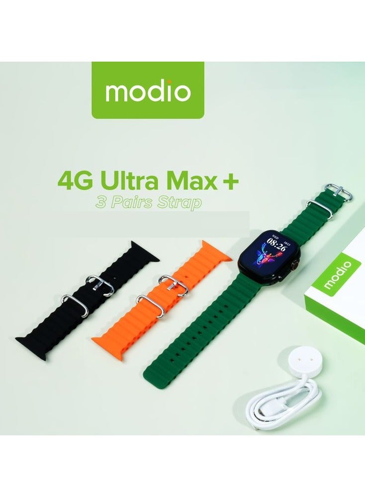 Modio 4G Ultra Max Plus Smart Watch With 2.2 Inch HD Screen Sim Card Slot and 3 Pair Straps For Ladies and Gents Black - Image 5