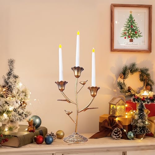 Mervkis Candle Holder Vintage Candlestick Holder Stand for Stick Taper Candle, 3-Arm Cast Iron Candelabra for Wedding Centerpiece Table Decorations Fireplace Mantel Decor, Antique Gold - Image 3