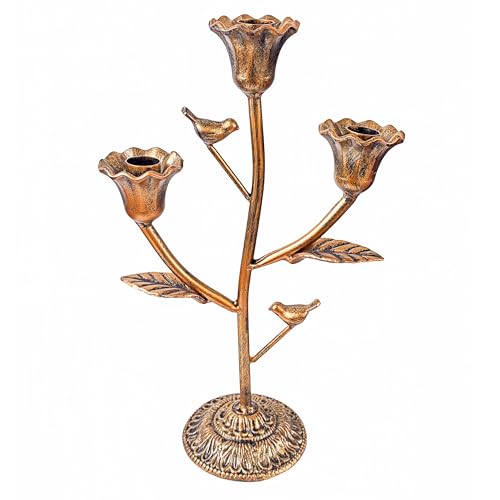 Mervkis Candle Holder Vintage Candlestick Holder Stand for Stick Taper Candle, 3-Arm Cast Iron Candelabra for Wedding Centerpiece Table Decorations Fireplace Mantel Decor, Antique Gold - Image 1