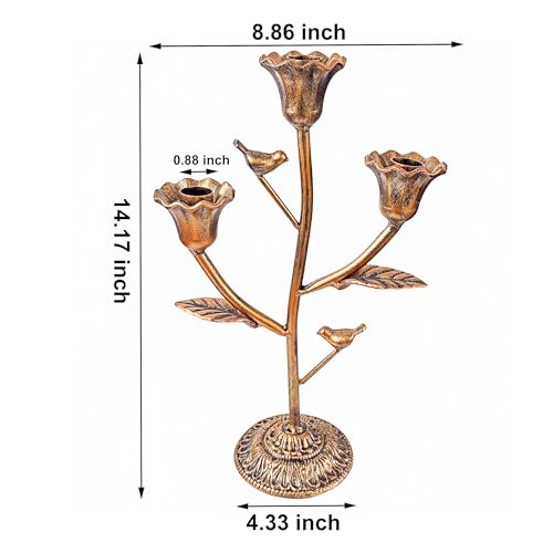 Mervkis Candle Holder Vintage Candlestick Holder Stand for Stick Taper Candle, 3-Arm Cast Iron Candelabra for Wedding Centerpiece Table Decorations Fireplace Mantel Decor, Antique Gold - Image 4
