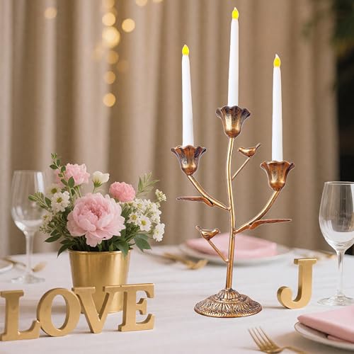 Mervkis Candle Holder Vintage Candlestick Holder Stand for Stick Taper Candle, 3-Arm Cast Iron Candelabra for Wedding Centerpiece Table Decorations Fireplace Mantel Decor, Antique Gold - Image 2