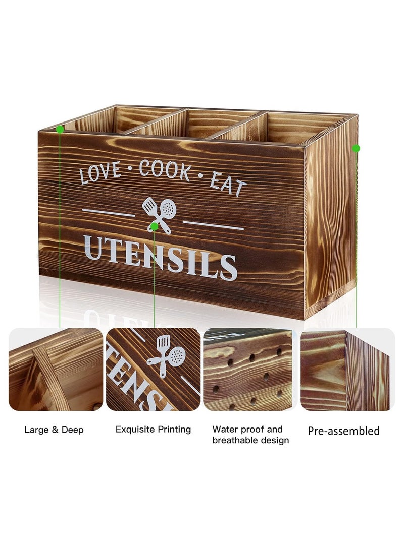 كوزي نست حامل أدوات المطبخ الخشبي لسطح المطبخ – منظم ريفي بـ 3 أقسام مصنوع من خشب البولونيا لتنظيم الشوك والملاعق والملاعق المسطحة – صندوق تخزين بأسلوب المزرعة لأدوات المائدة وأدوات الطهي - Image 3