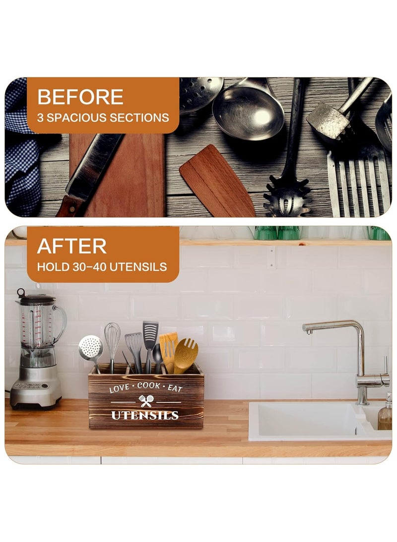 كوزي نست حامل أدوات المطبخ الخشبي لسطح المطبخ – منظم ريفي بـ 3 أقسام مصنوع من خشب البولونيا لتنظيم الشوك والملاعق والملاعق المسطحة – صندوق تخزين بأسلوب المزرعة لأدوات المائدة وأدوات الطهي - Image 5
