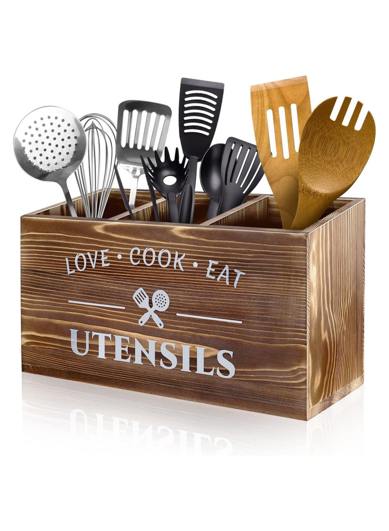 كوزي نست حامل أدوات المطبخ الخشبي لسطح المطبخ – منظم ريفي بـ 3 أقسام مصنوع من خشب البولونيا لتنظيم الشوك والملاعق والملاعق المسطحة – صندوق تخزين بأسلوب المزرعة لأدوات المائدة وأدوات الطهي - Image 1