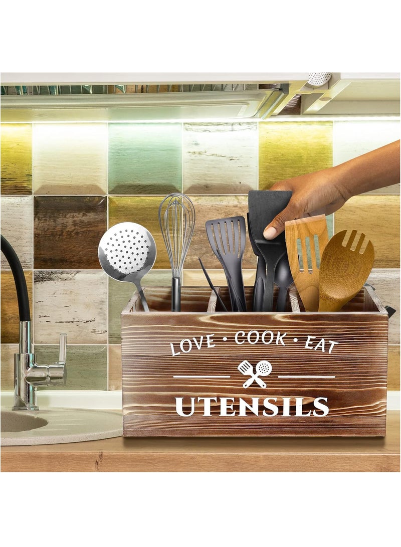 كوزي نست حامل أدوات المطبخ الخشبي لسطح المطبخ – منظم ريفي بـ 3 أقسام مصنوع من خشب البولونيا لتنظيم الشوك والملاعق والملاعق المسطحة – صندوق تخزين بأسلوب المزرعة لأدوات المائدة وأدوات الطهي - Image 2