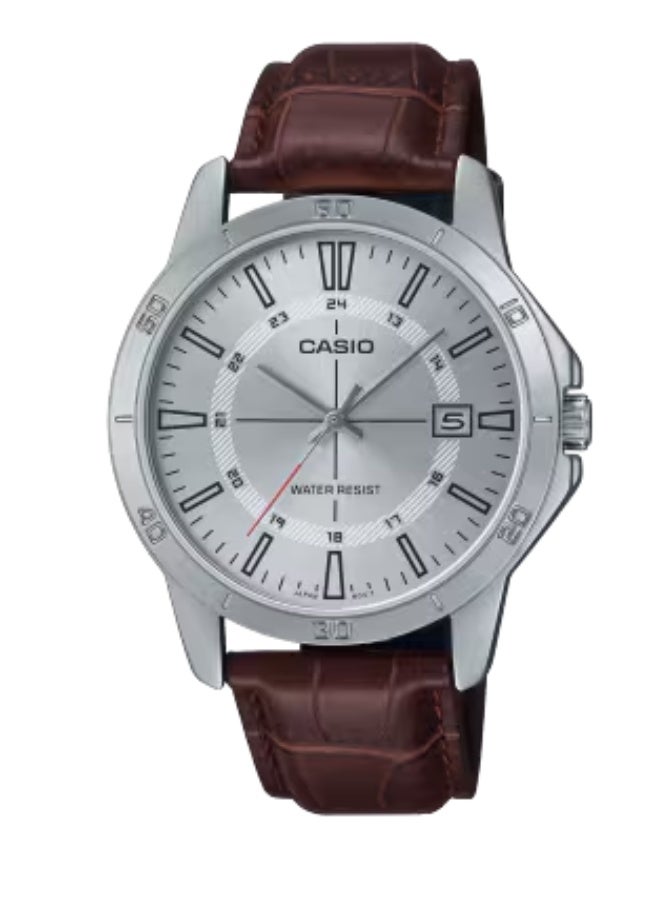 Casio MTP-V004L-7CUDF Men’s Analog Quartz Watch – Elegant White Dial with Rose Gold Markers, Brown Leather Strap, Stainless Steel Case, Date Display, Mineral Glass, Water Resistant Dress Watch - Image 1