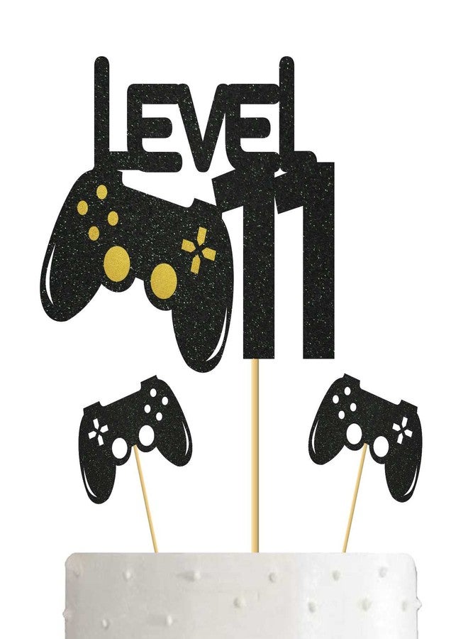SVM CRAFT® Level 11 cake topper-Video Game Level 11 Unlocked Birthday Cake Topper - Black Glitter Boy's 11th Birthday Cake Decorations - Level Up Winner Party Decoration Supplies