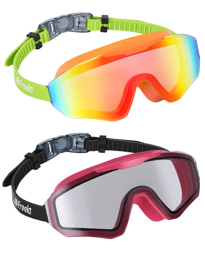 Freela 2 Pack Kids Swim Goggles for 6-14 8-12 8-14 4-7, Water Pool Swimming Goggles Anti-Fog 180Â° Wide View UV Protection, Soft Silicone Layer Waterproof No Leak Glasses for Teens Youth Boys Girls - Image 1