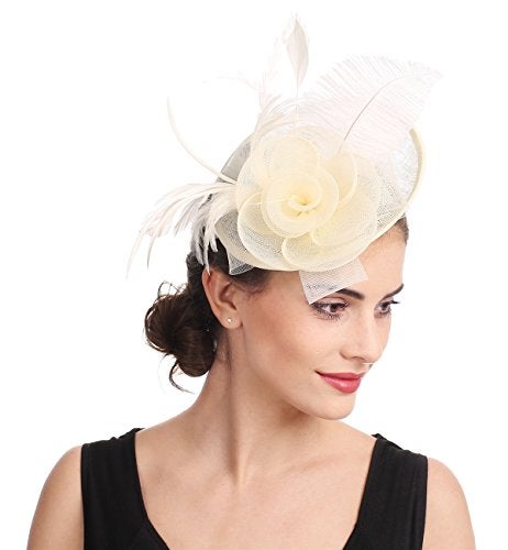 SAFERIN Fascinator for Women Hair Clip Hat Bowler Feather Flower Veil Wedding Party Hat（TA4-Beige） - Image 3