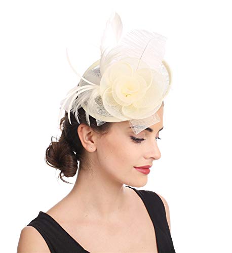 SAFERIN Fascinator for Women Hair Clip Hat Bowler Feather Flower Veil Wedding Party Hat（TA4-Beige） - Image 4