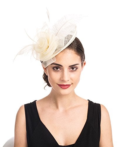 SAFERIN Fascinator for Women Hair Clip Hat Bowler Feather Flower Veil Wedding Party Hat（TA4-Beige） - Image 1