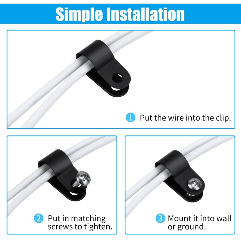 VIPMOON 100Pcs 3/8 Inch R-Type Cable Clamps, Nylon Plastic Cable Clips with Screws, Mounting Cord Fasteners for Electrical Wire Clamps Management, Black - Image 4