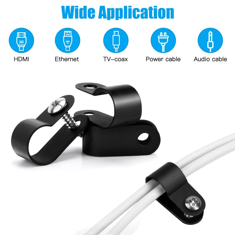 VIPMOON 100Pcs 3/8 Inch R-Type Cable Clamps, Nylon Plastic Cable Clips with Screws, Mounting Cord Fasteners for Electrical Wire Clamps Management, Black - Image 2