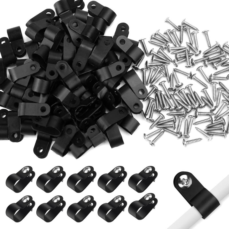 VIPMOON 100Pcs 3/8 Inch R-Type Cable Clamps, Nylon Plastic Cable Clips with Screws, Mounting Cord Fasteners for Electrical Wire Clamps Management, Black - Image 1