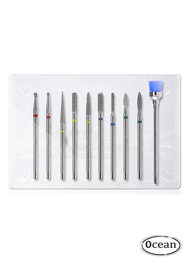 JS 10 Pcs Nail Drill Bits Set, 3/32 Inch Diamond Cuticle Nail Bits Kit for Nail Drill E-File, Manicure Pedicure Remover Tools for Acrylic Gel Nails, Salon Home Nail Care Supplies - Image 1