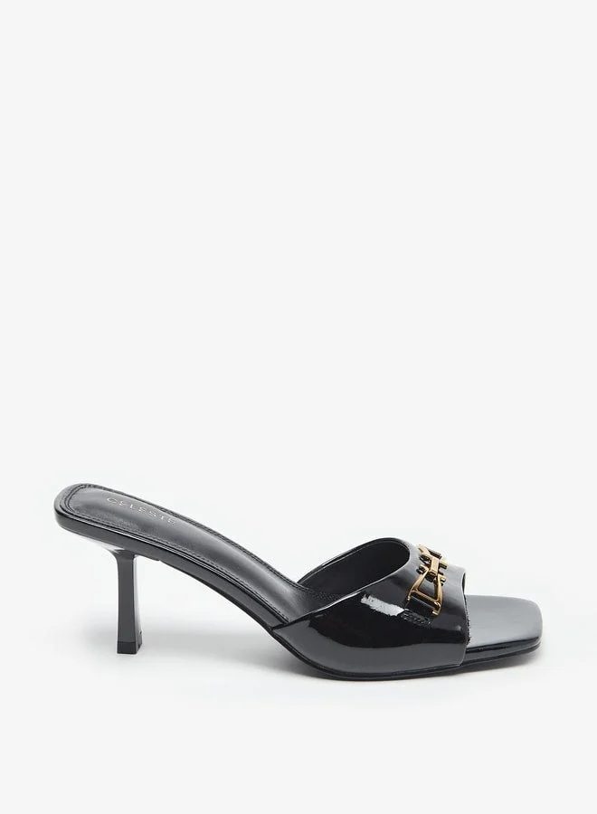 Celeste Women's Solid Slip-On Sandals with Metallic Detail and Stiletto Heels