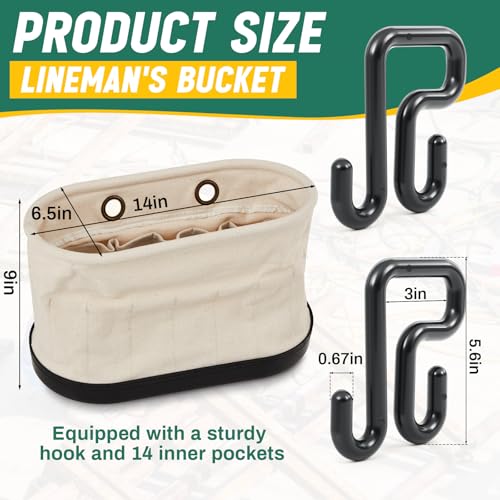 Vesici 2 Set Canvas Bucket Bag Including Hooks Aerial Oval Tool Bucket with Black Polypropylene Bottom 15 Pockets Lineman Tool Bag Organizer for Industrial Maintenance Construction Sites White - Image 3