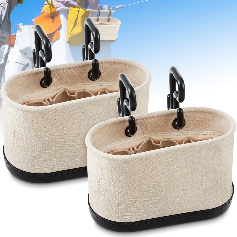 Vesici 2 Set Canvas Bucket Bag Including Hooks Aerial Oval Tool Bucket with Black Polypropylene Bottom 15 Pockets Lineman Tool Bag Organizer for Industrial Maintenance Construction Sites White - Image 2