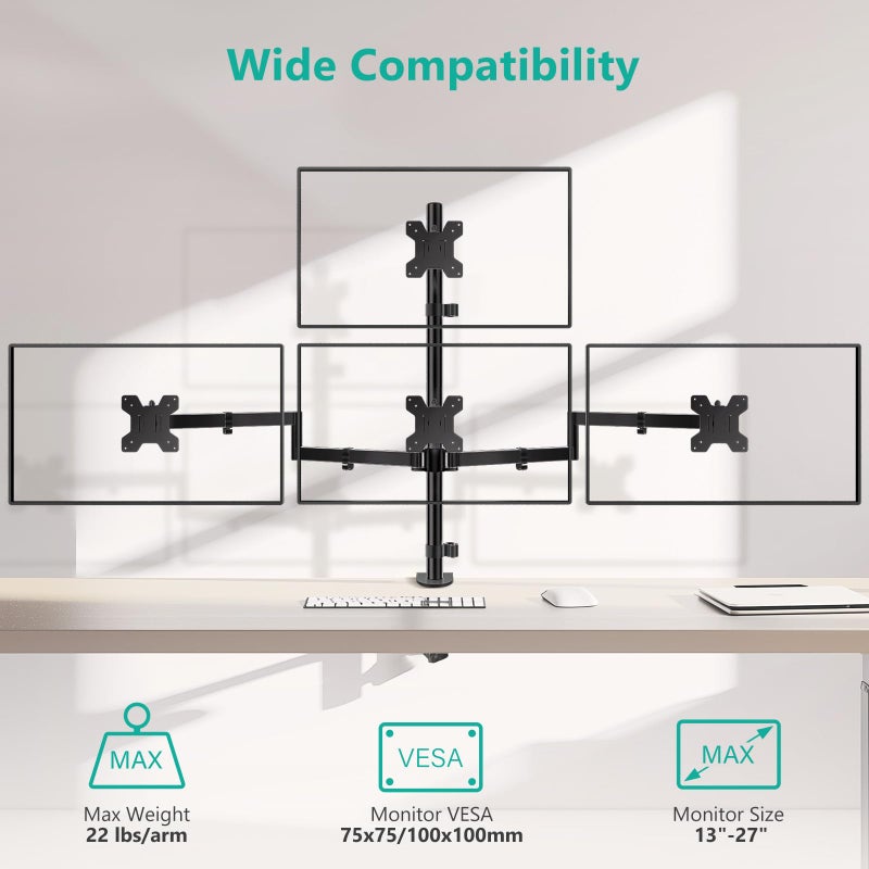 WALI Quad Monitor Mount for 13-27 Inch Screens, Fully Adjustable 4 Monitor Stand with Swivel, Tilt, Rotation, Clamp & Grommet Base Kit, Max Load 22lbs per Screen (M004S), Black - Image 2