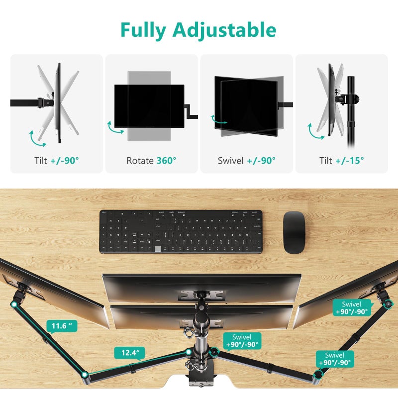 WALI Quad Monitor Mount for 13-27 Inch Screens, Fully Adjustable 4 Monitor Stand with Swivel, Tilt, Rotation, Clamp & Grommet Base Kit, Max Load 22lbs per Screen (M004S), Black - Image 5