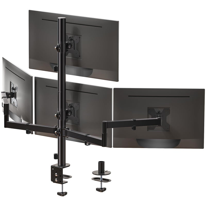 WALI Quad Monitor Mount for 13-27 Inch Screens, Fully Adjustable 4 Monitor Stand with Swivel, Tilt, Rotation, Clamp & Grommet Base Kit, Max Load 22lbs per Screen (M004S), Black - Image 1