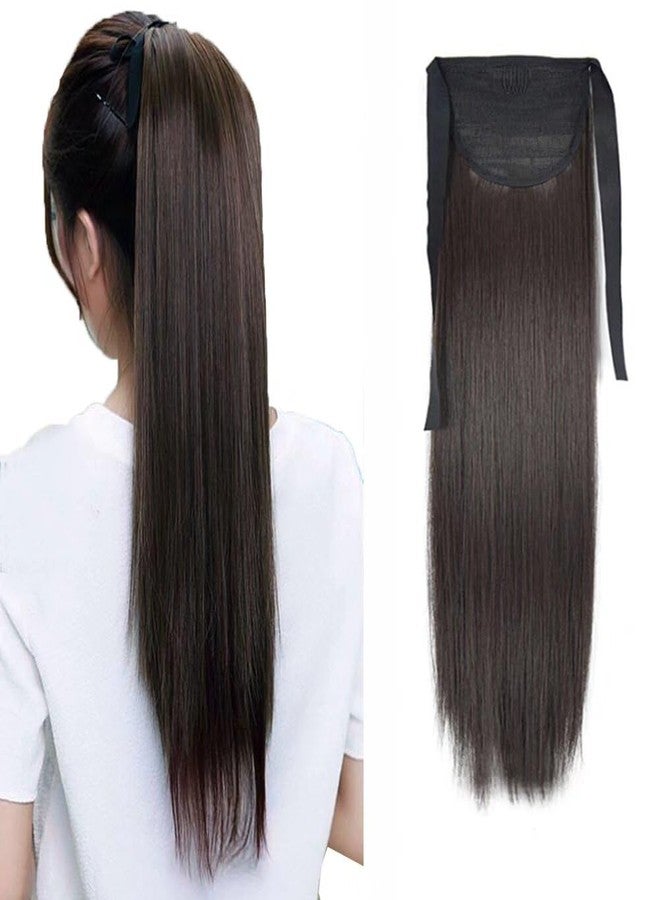 iLUU Tie Up Ponytail Clip in Hair Extensions Hairpiece Binding Pony Tail Extension 24" 90g Black Brown Long Straight Tie Up Ponytails Synthetic Hair for Girl Lady Women - Image 1