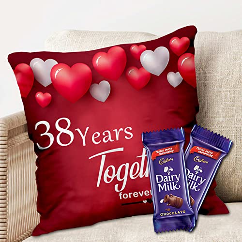 Midiron Chocolate Gift Anniversary Chocolate Gift 38 Year Together Forever Printed Cushion with Dairy Milk Chocolate Gift for Wife Husband Chocolate with Pillow