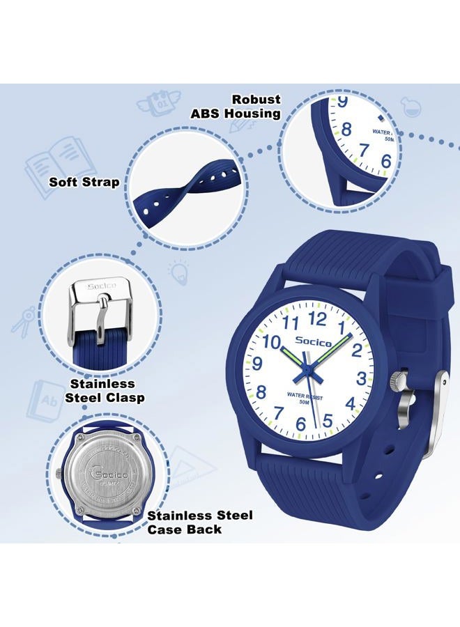 SOCICO Kids Analog Watch for Boys Girls, Easy to Read Learning Time Watch, 50M Waterproof, Soft Band Wristwatch for Ages 4-12, Great Gift for Children, Blue, Minimalist - Image 4