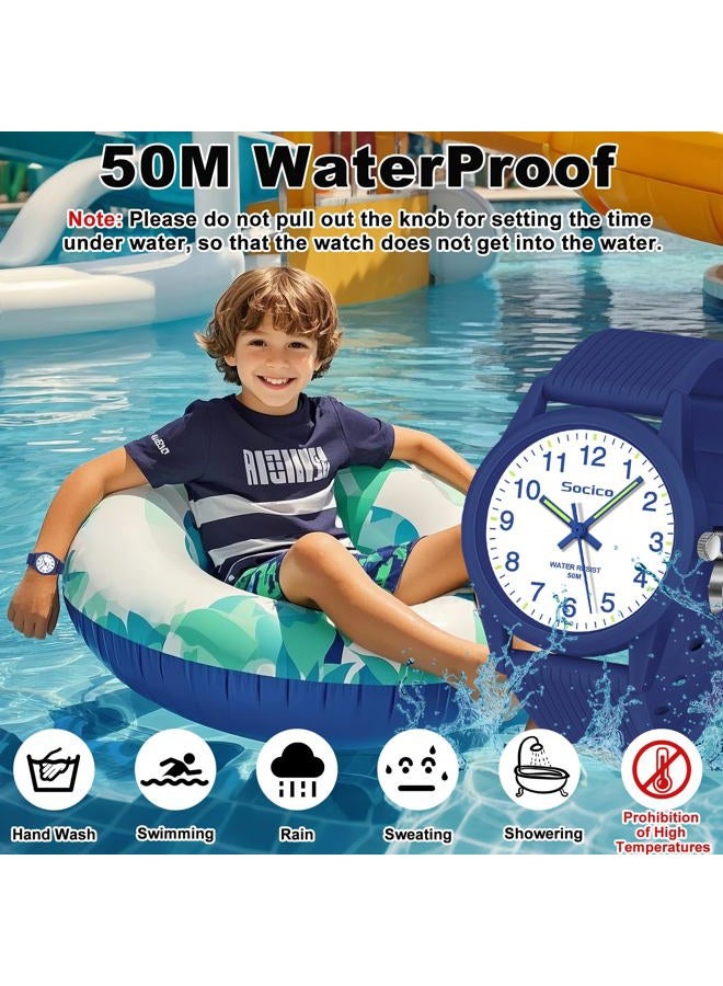 SOCICO Kids Analog Watch for Boys Girls, Easy to Read Learning Time Watch, 50M Waterproof, Soft Band Wristwatch for Ages 4-12, Great Gift for Children, Blue, Minimalist - Image 2