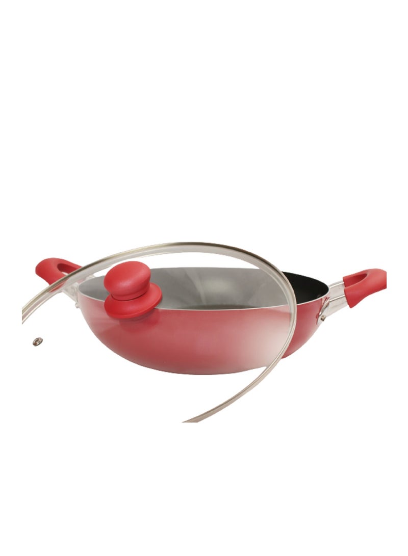 Sweet Home 24 CM Non-Stick Wok Pan with Lid - Red/Black, Multi-layer Non-Stick Interior, Silicone Polyester Exterior, Solid Bottom, Compatible with Electric and Gas Cooktops - Image 2