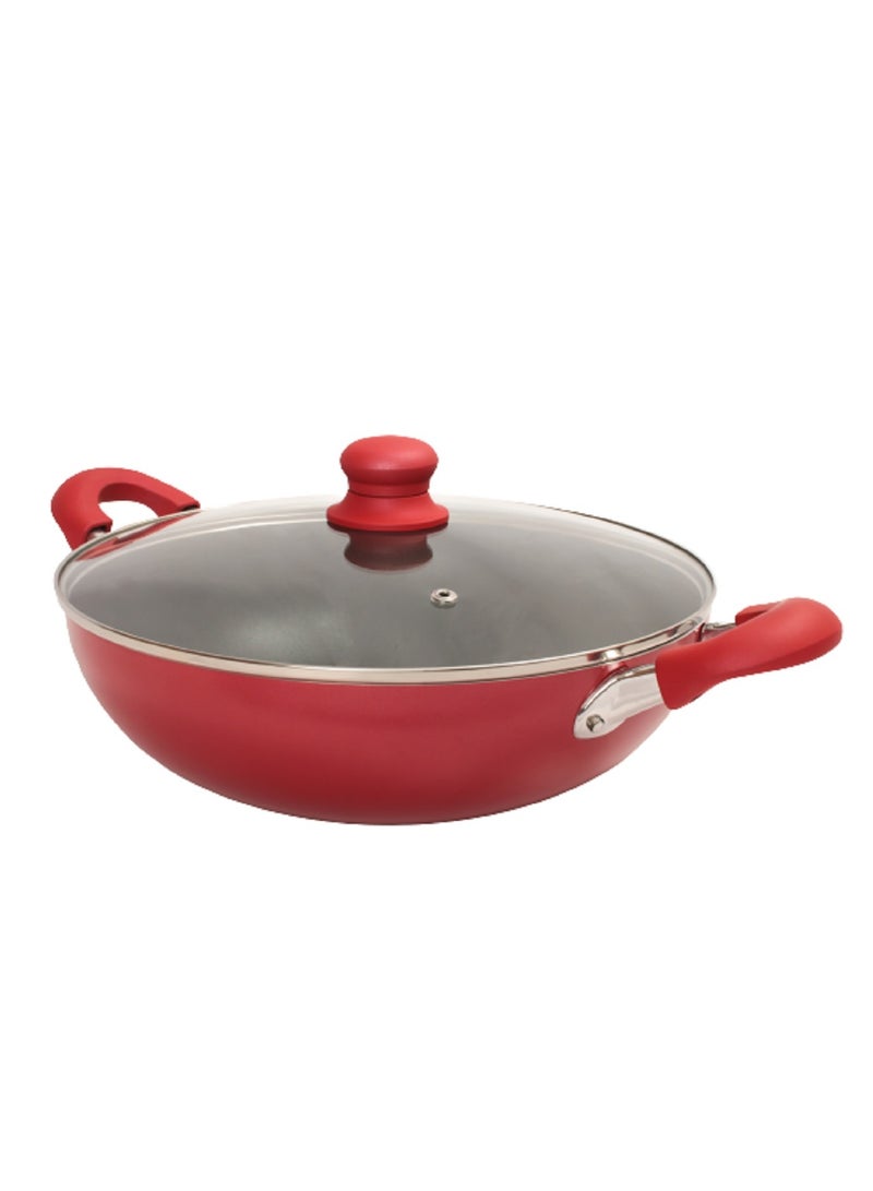 Sweet Home 24 CM Non-Stick Wok Pan with Lid - Red/Black, Multi-layer Non-Stick Interior, Silicone Polyester Exterior, Solid Bottom, Compatible with Electric and Gas Cooktops - Image 1