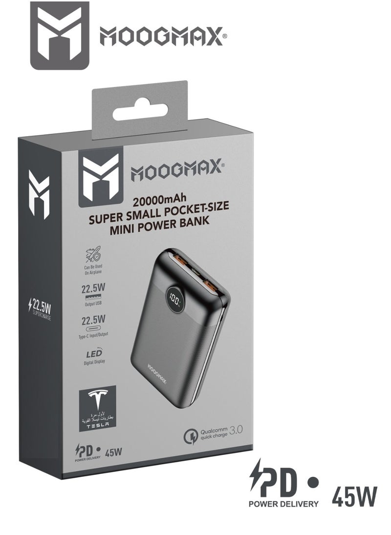 20000mAh 45W super small pocket-size Mini power bank with 3 ports ,2 USB-A and 1 USB-C PD, supports fast charging , led digital display, and can be used on Airplane and train-black color from Moogmax