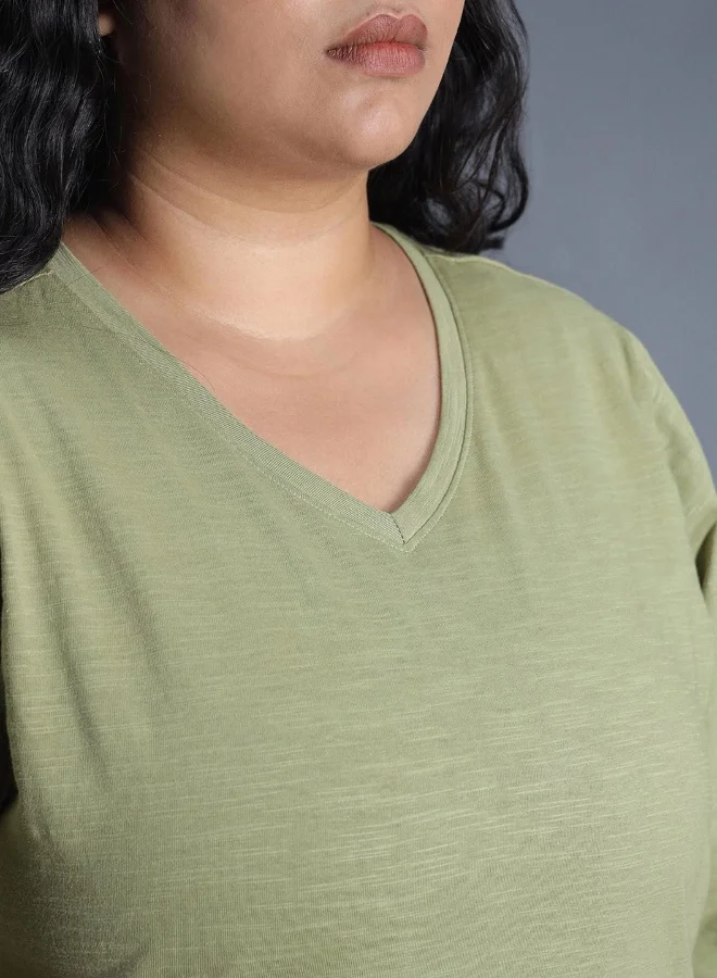 HIGH STAR Women's Green 100% Cotton Solid Pattern Regular Fit T-Shirt