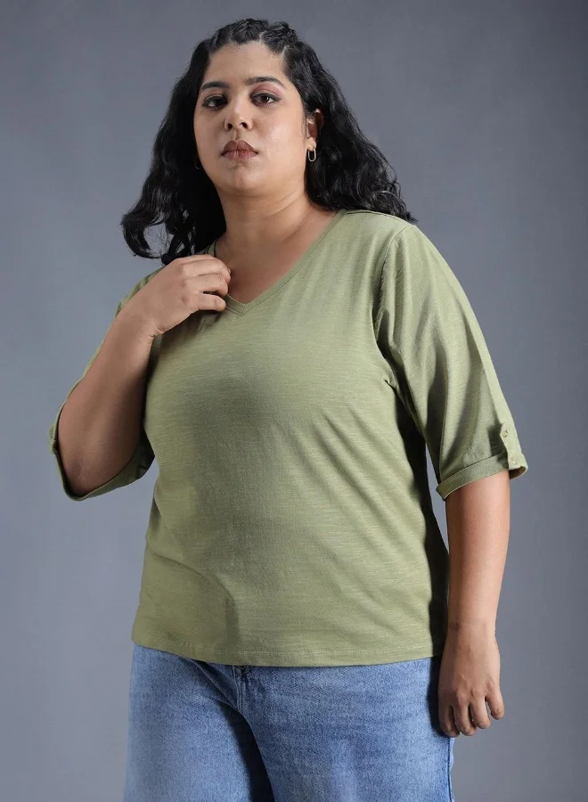 HIGH STAR Women's Green 100% Cotton Solid Pattern Regular Fit T-Shirt