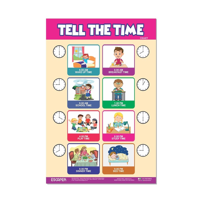 ESCAPER Tell The Time Educational Charts for Kids Learning (11.5 x 17.5 inches), Study Material, Learning Books, Educational Posters - Image 1