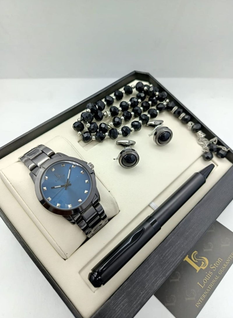 Louis Ston A high-quality, elegant men's watch gift set from Louis Ston, black bracelet with dark blue dial and date display - limited edition 
