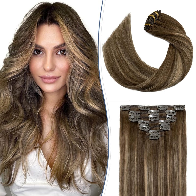 Clip in Hair Extensions Real Human Hair Snoilite 4T4P27 Chocolate Brown to Caramel Blonde Double Weft hair extensions 14 Inch Clip in Real Human Hair for Women Balayage Straight 7PCS 125g