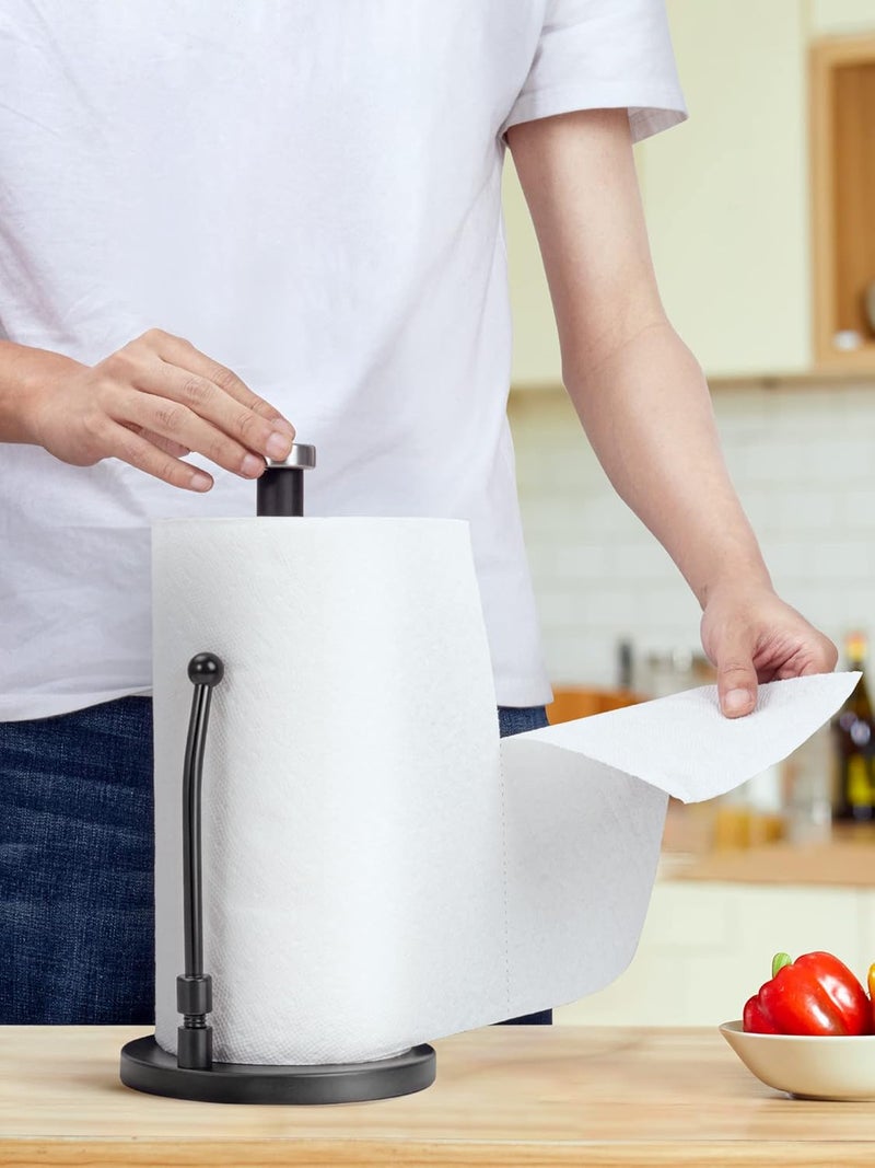 SMARTAKE Paper Towel Holder, Paper Towel Dispenser Standing Weighted Base Non Slip, Spring Arm Fit Most Size Paper Roll, Stainless Steel Paper Towel Holder for Home Kitchen Countertop Tabletop, Black - Image 1
