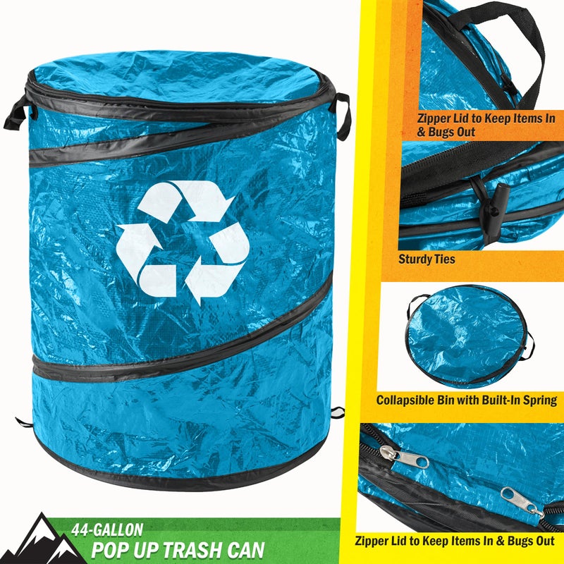 Wakeman Collapsible Trash Can - Pop Up 44-Gallon Outdoor Portable Garbage Bag Holder with Zippered Lid - Recycle Bin for Camping or Parties (Blue) - Image 2