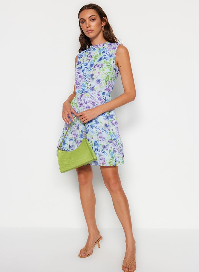 trendyol Blue Floral A-line Ruffle Lined Mini Woven Dress - Image 1