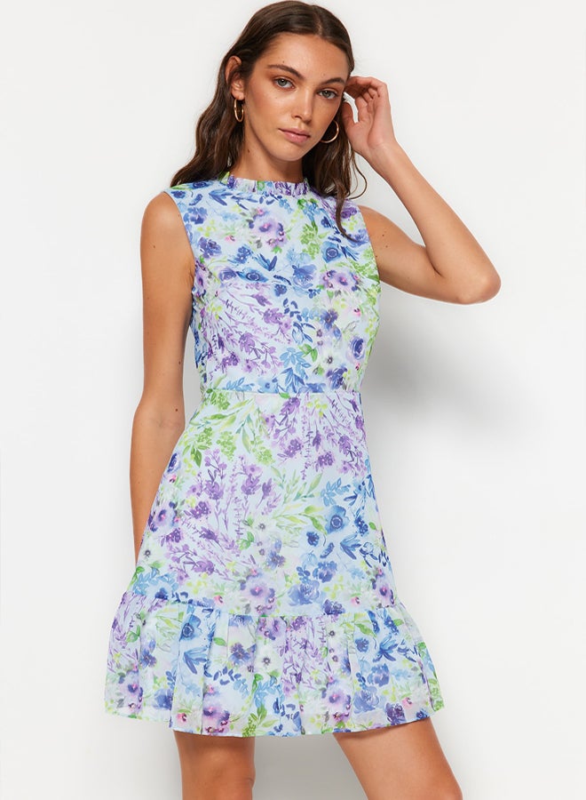 trendyol Blue Floral A-line Ruffle Lined Mini Woven Dress - Image 3