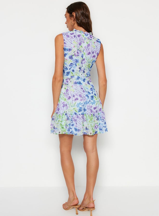 trendyol Blue Floral A-line Ruffle Lined Mini Woven Dress - Image 5