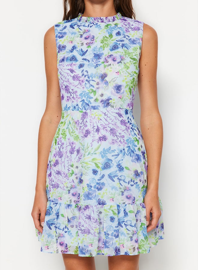 trendyol Blue Floral A-line Ruffle Lined Mini Woven Dress - Image 4