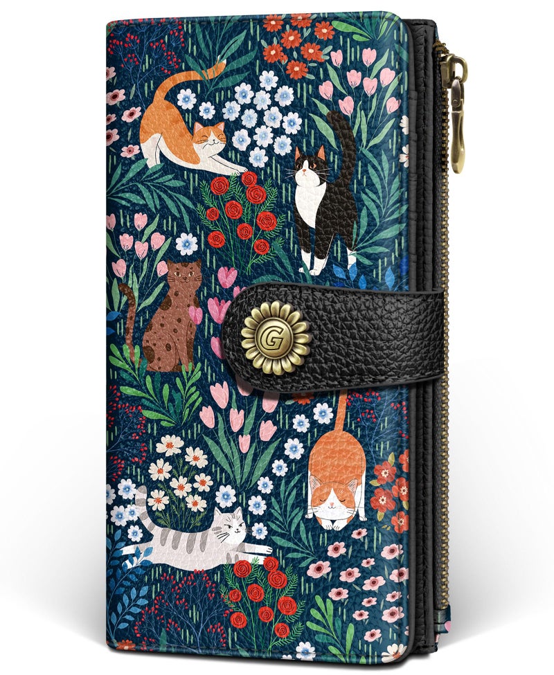 GIANCOMICS Cute Cat Womens Wallet RFID Blocking, Credit Flower Card Holder Organizer Billfold, PU Leather Travel Billfold, Long Cash Purse, Zipper Coin Pocket Clutch, 11 Card Slots, Ladies Gift Woman - Image 1