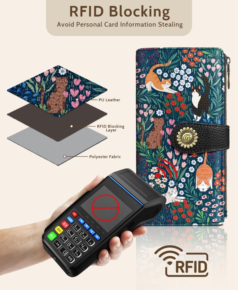 GIANCOMICS Cute Cat Womens Wallet RFID Blocking, Credit Flower Card Holder Organizer Billfold, PU Leather Travel Billfold, Long Cash Purse, Zipper Coin Pocket Clutch, 11 Card Slots, Ladies Gift Woman - Image 4